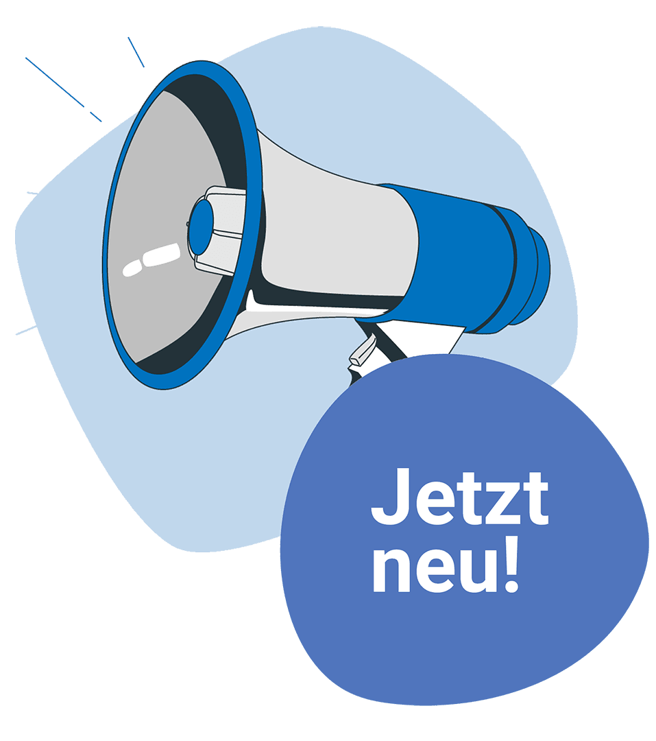 Eine grafisch illustrierte Darstellung eines Megafons. Das Megafon ist in blauen, weißen und grauen Farbtönen gehalten. Es befindet sich zentral im Bild und ist nach links ausgerichtet, sodass die Öffnung des Megafons gut sichtbar ist. Im Hintergrund ist eine blaue, unregelmäßig geformte Fläche, die wie ein stilisierter Hintergrund wirkt. Von der Öffnung des Megafons gehen drei Linien aus, die andeuten, dass Ton oder eine Botschaft ausgesendet wird – ein Symbol für Kommunikation, Ankündigung oder Aktivismus. Das Bild wirkt modern und schlicht, ohne Text oder weitere Symbole.