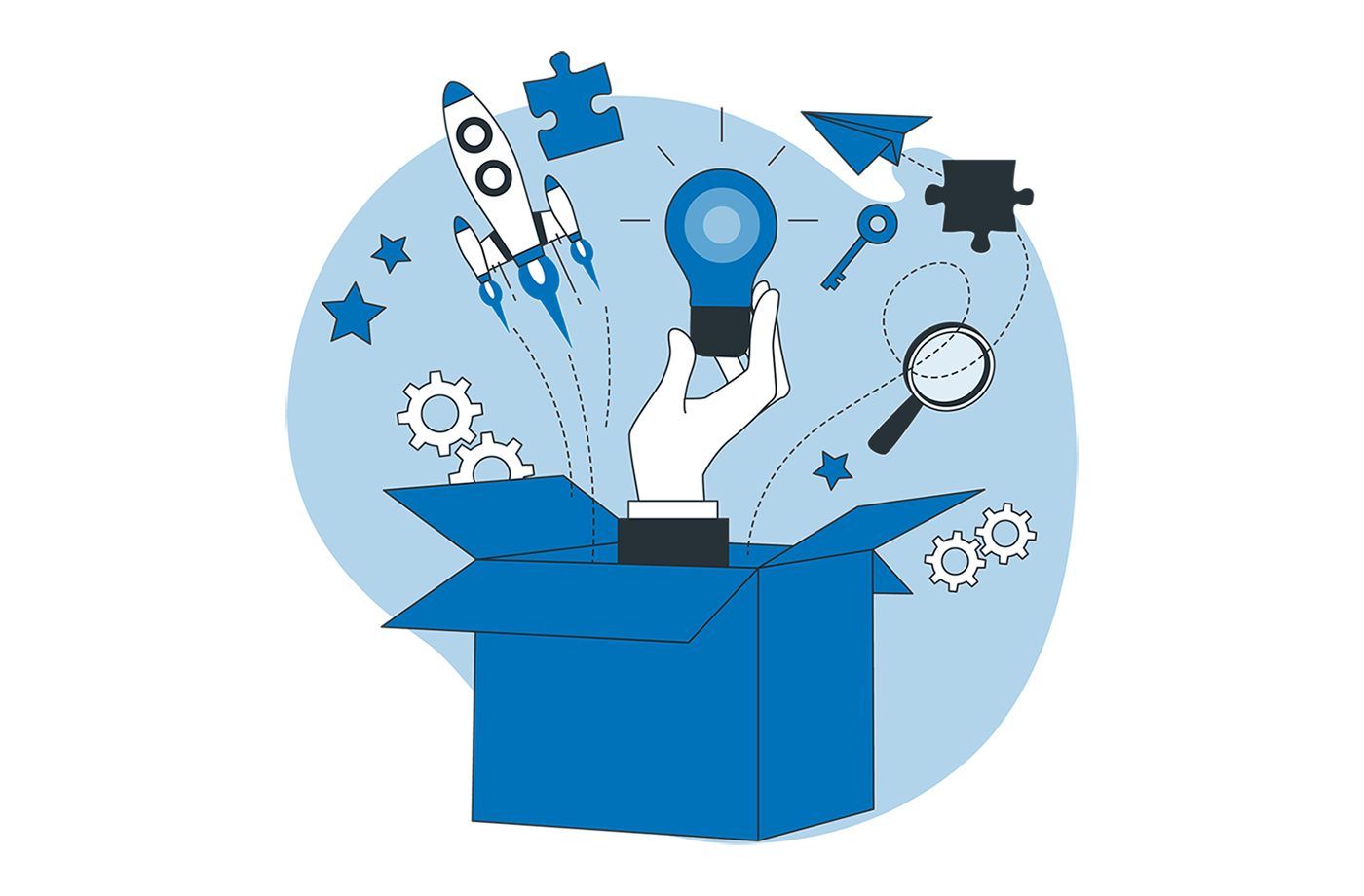 Die Graphik zeigt eine offene blaue Box, aus der eine Hand mit einer leuchtenden Glühbirne herausragt. Um die Box herum befinden sich verschiedene Symbole, darunter eine Rakete, Puzzleteile, ein Papierflieger, Zahnräder, Sterne, Papierflieger, ein Schlüssel und eine Lupe. Der Hintergrund ist hellblau mit dunkleren blauen Akzenten auf den Objekten.